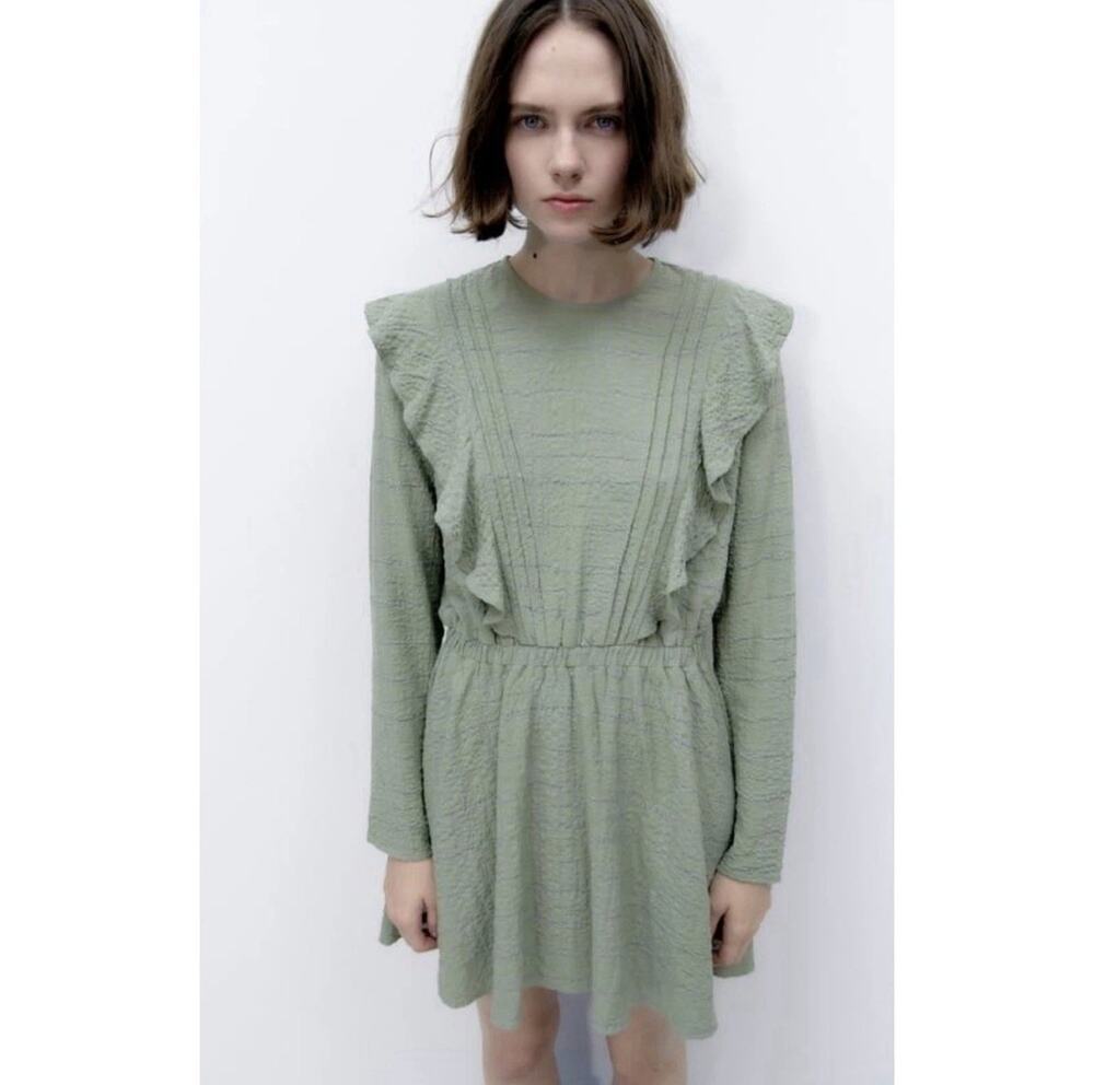 NWOT Zara Ruffled Crinkle Mini Dress Small Sage Green Long Sleeve Textured